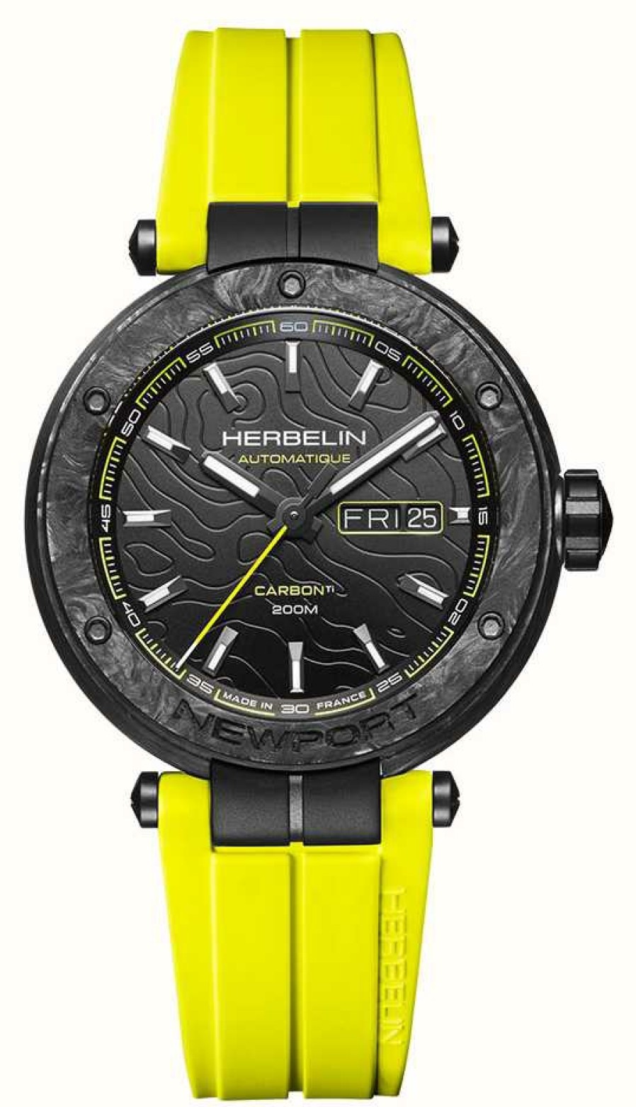 Men'S Herbelin | Herbelin Newport Carbon Titanium Automatic (43Mm) Black Dial / Yellow Rubber