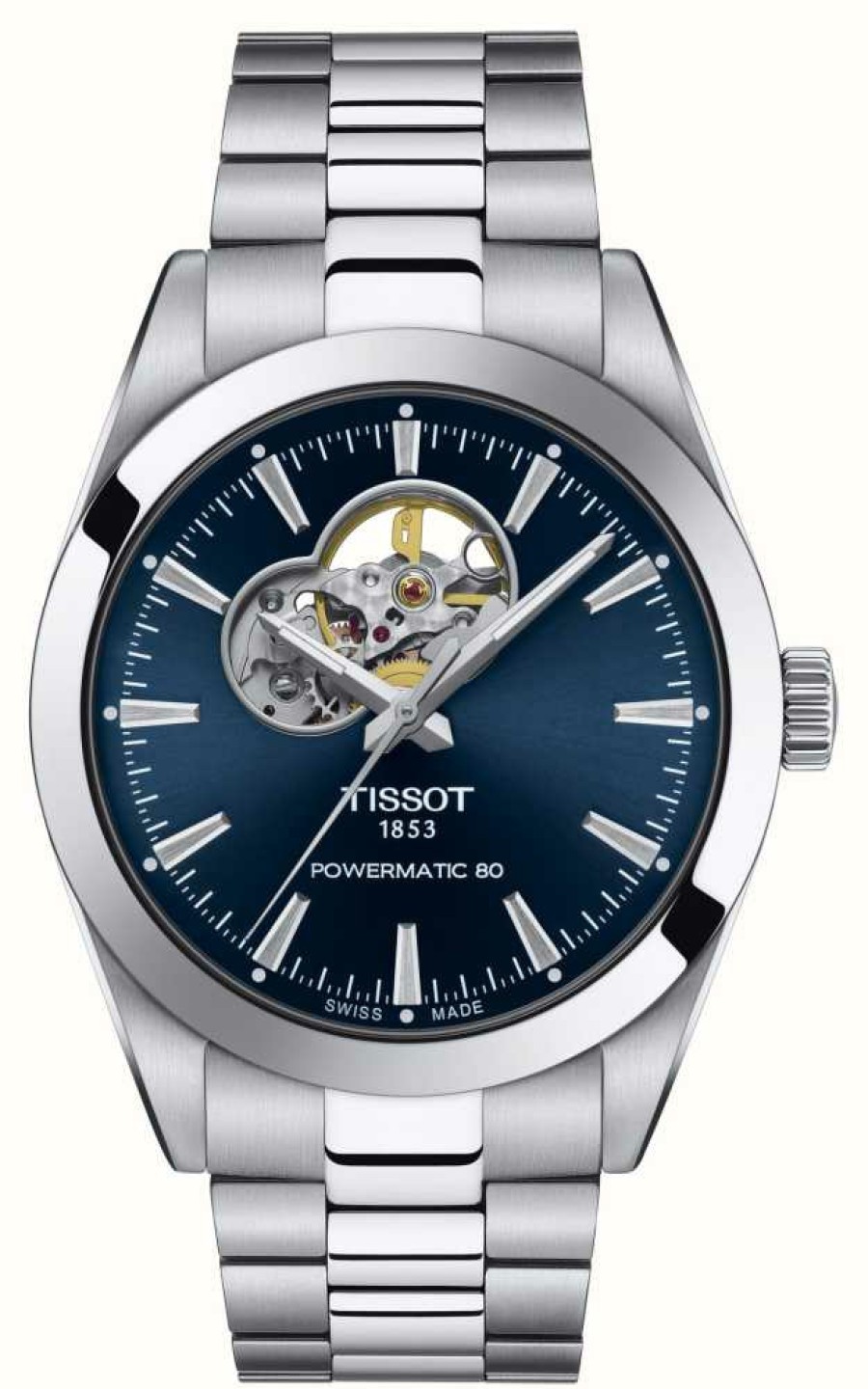 Men'S Tissot | Tissot Gentleman | Powermatic 80 | Blue Dial | Open Heart | Stainless Steel Bracelet