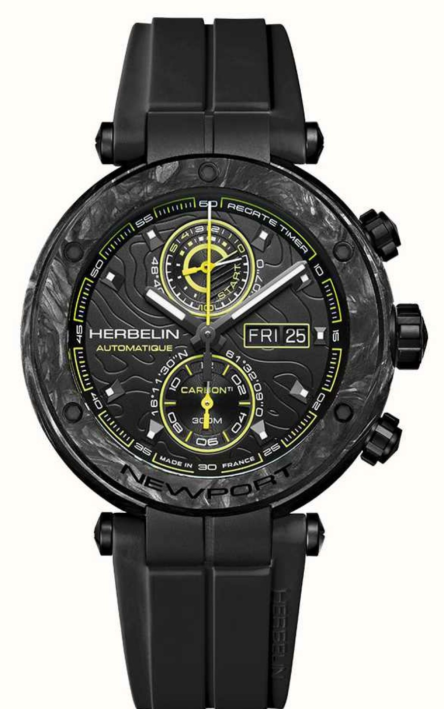 Men'S Herbelin | Herbelin Newport Carbon Titanium Automatic (46.5Mm) Black Dial / Black Rubber Strap