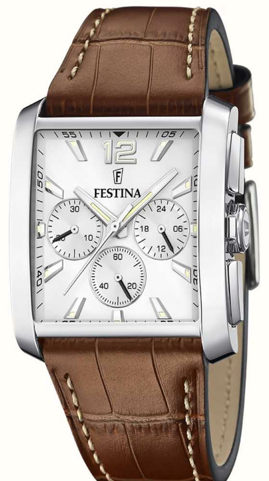 Men'S Festina | Festina Quartz Chrono (38Mm) Silver Dial / Brown Leather