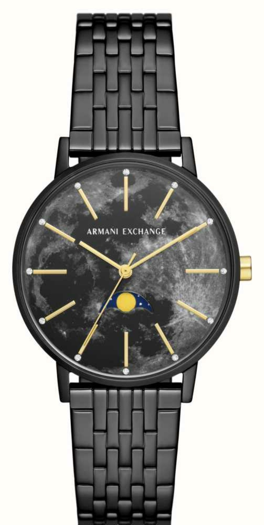 Men'S Armani Exchange | Armani Exchange Women'S | Black Moonphase Dial | Black Stainless Steel Bracelet