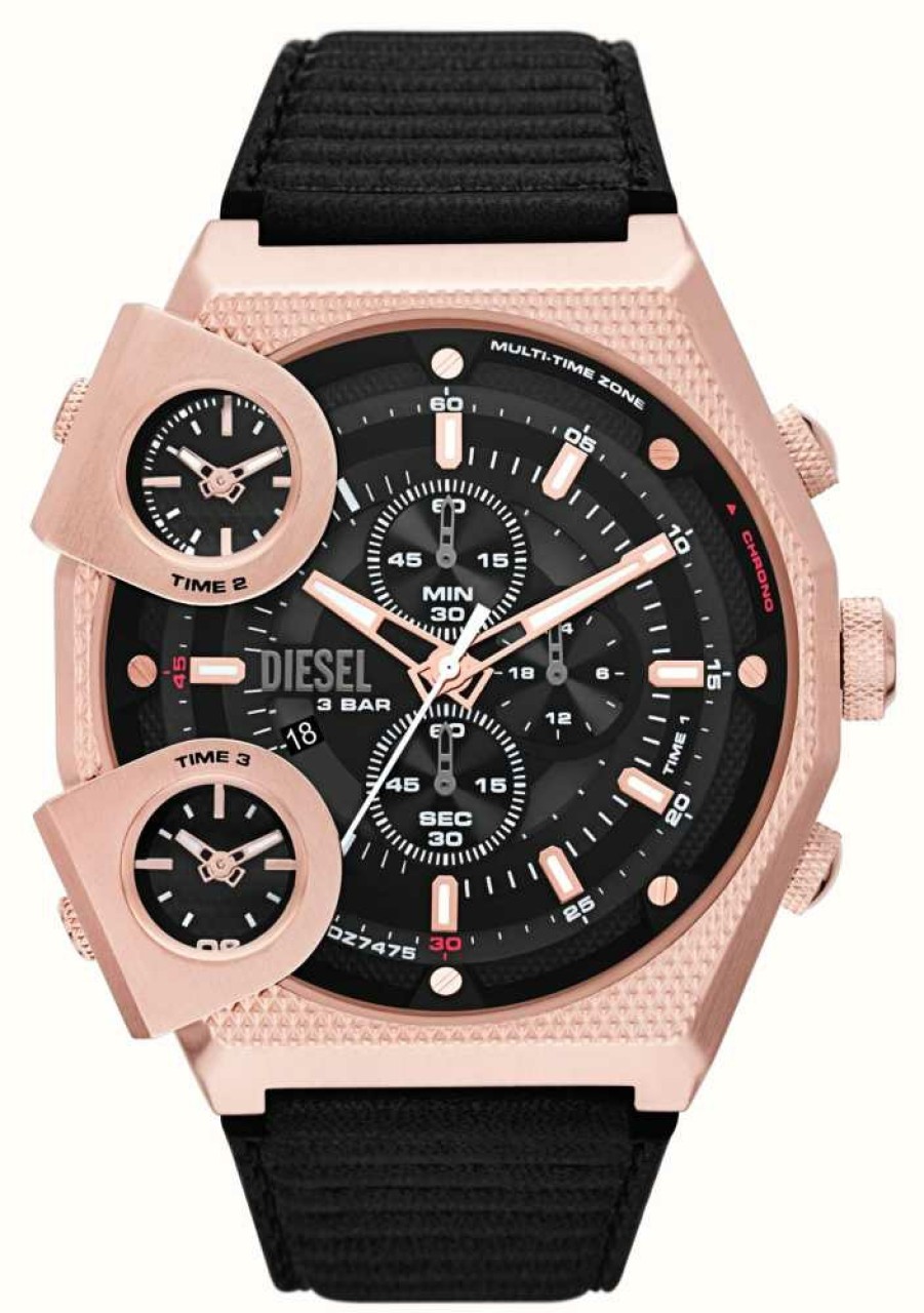 Men'S Diesel | Diesel Sideshow | Black Dial | Black Leather Strap