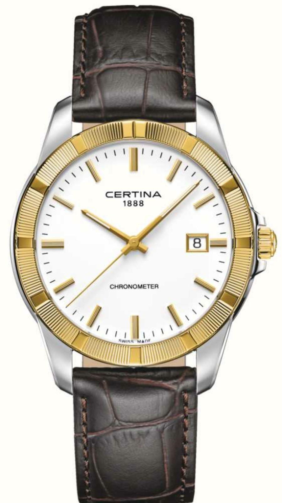 Men'S Certina | Certina Ds Jubile Quartz (40Mm) 18Ct Gold Bezel / White Dial / Brown Leather