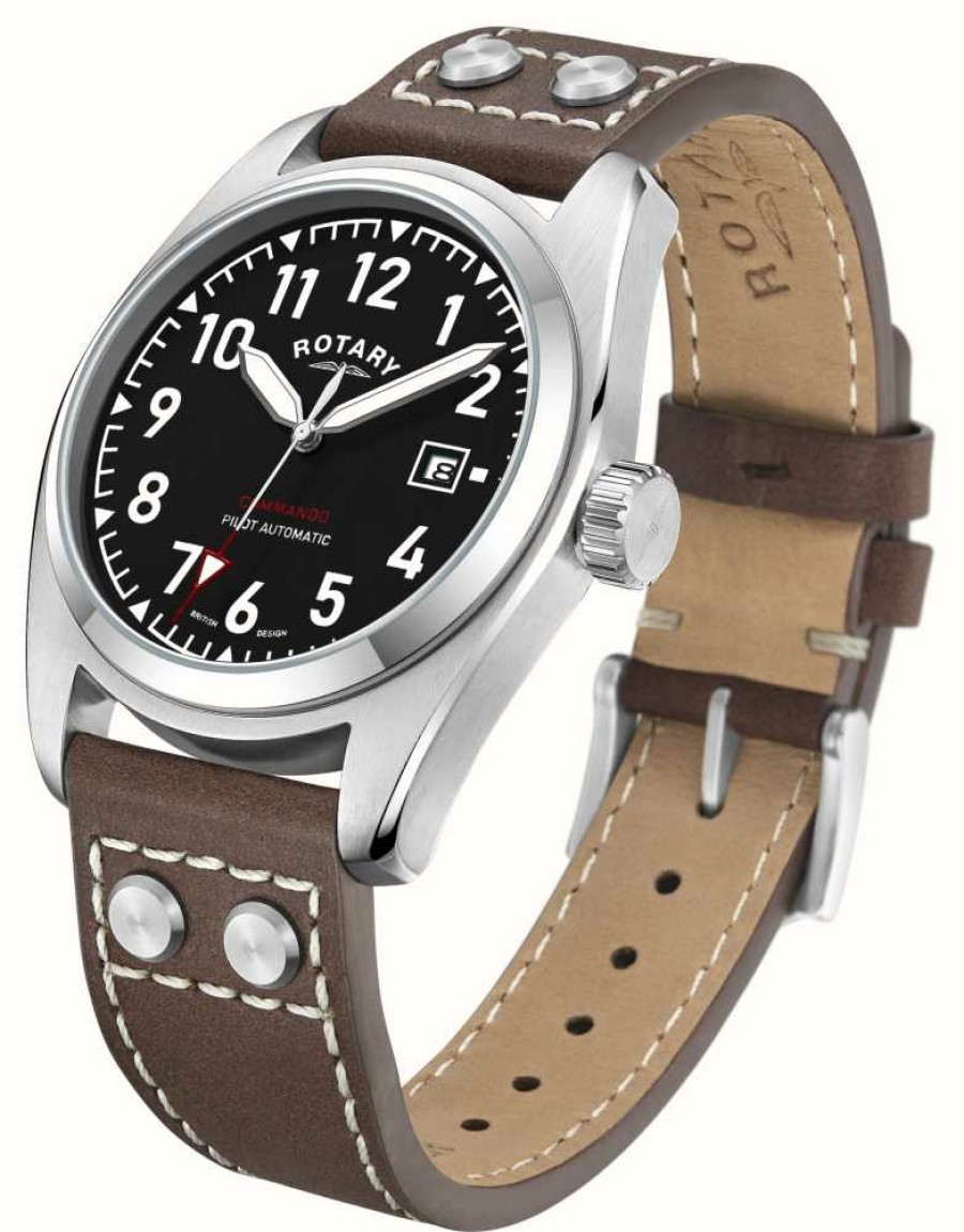 Men'S Rotary | Rotary Commando | Black Dial | Brown Leather Strap