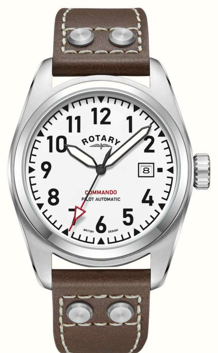 Men'S Rotary | Rotary Commando | White Dial | Brown Leather Strap