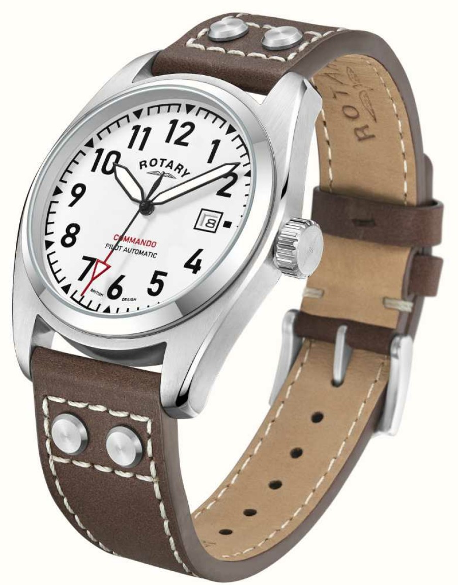 Men'S Rotary | Rotary Commando | White Dial | Brown Leather Strap