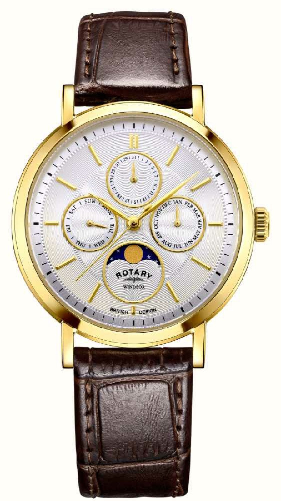 Men'S Rotary | Rotary Windsor | Moonphase | Silver Dial | Gold Pvd | Brown Leather Strap