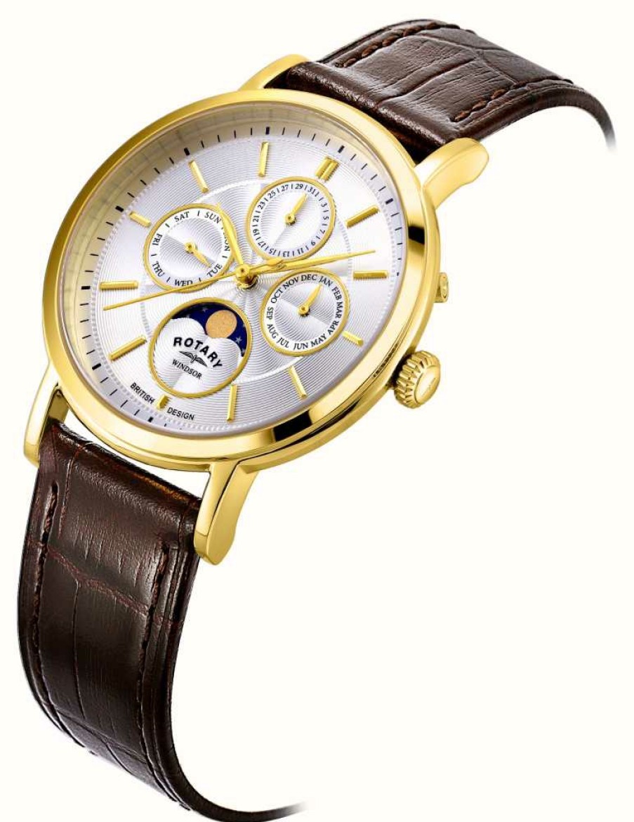 Men'S Rotary | Rotary Windsor | Moonphase | Silver Dial | Gold Pvd | Brown Leather Strap