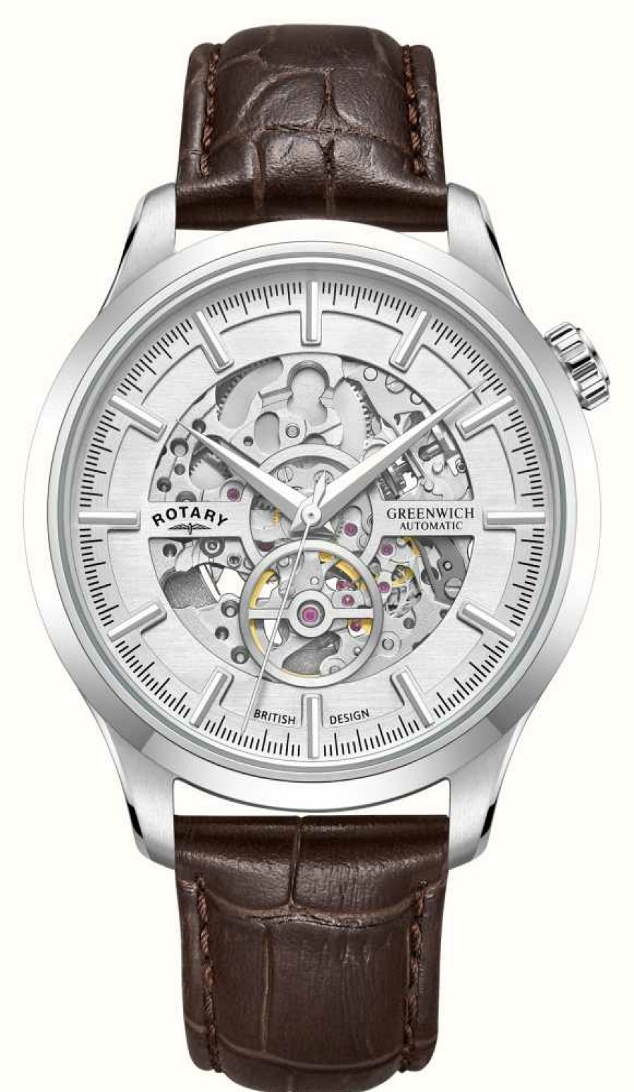 Men'S Rotary | Rotary Greenwich | Silver Skeleton Dial | Brown Leather Strap