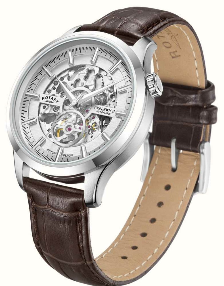 Men'S Rotary | Rotary Greenwich | Silver Skeleton Dial | Brown Leather Strap