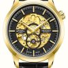 Men'S Rotary | Rotary Greenwich | Gold And Black Skeleton Dial | Black Leather Strap