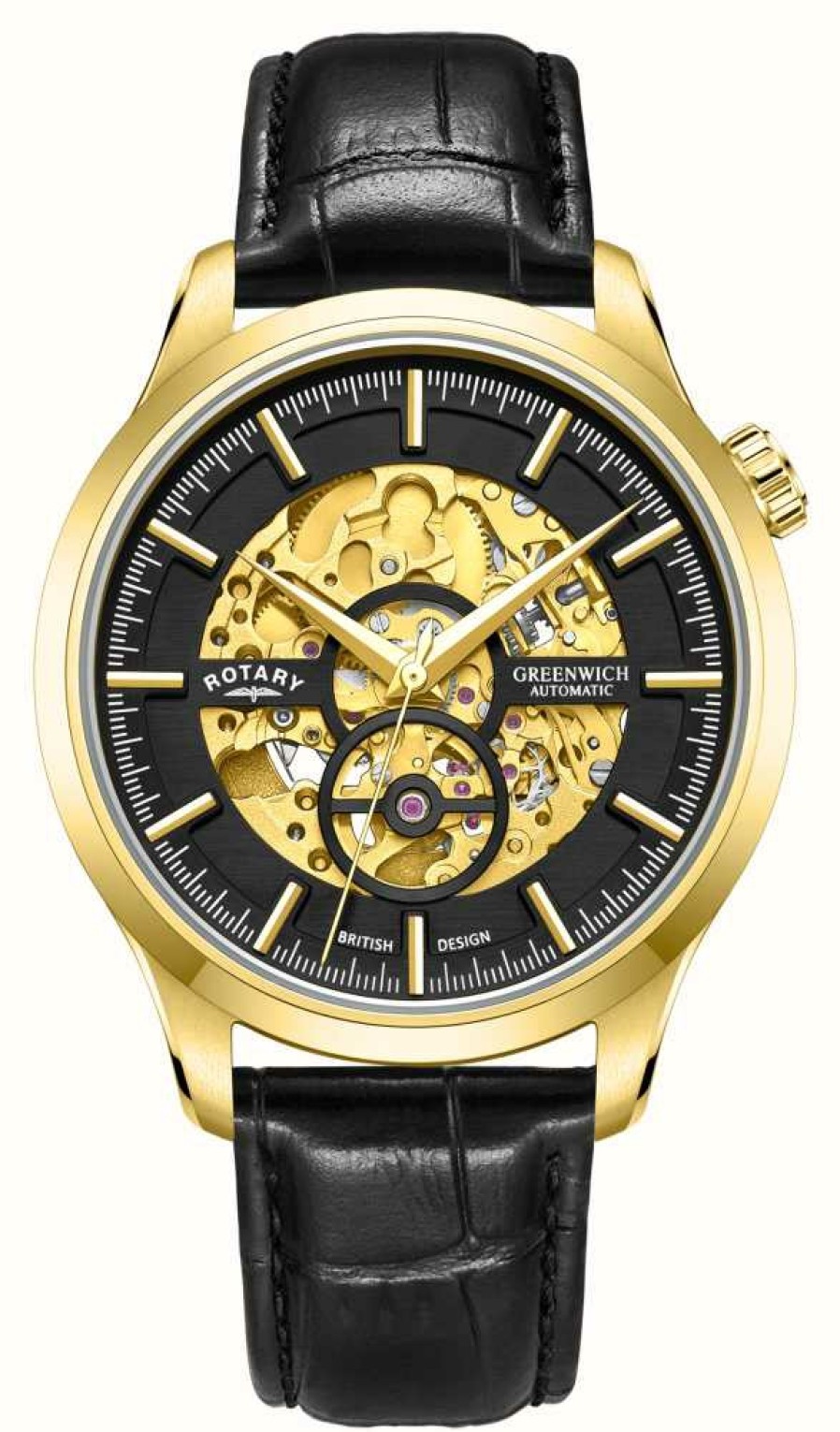 Men'S Rotary | Rotary Greenwich | Gold And Black Skeleton Dial | Black Leather Strap