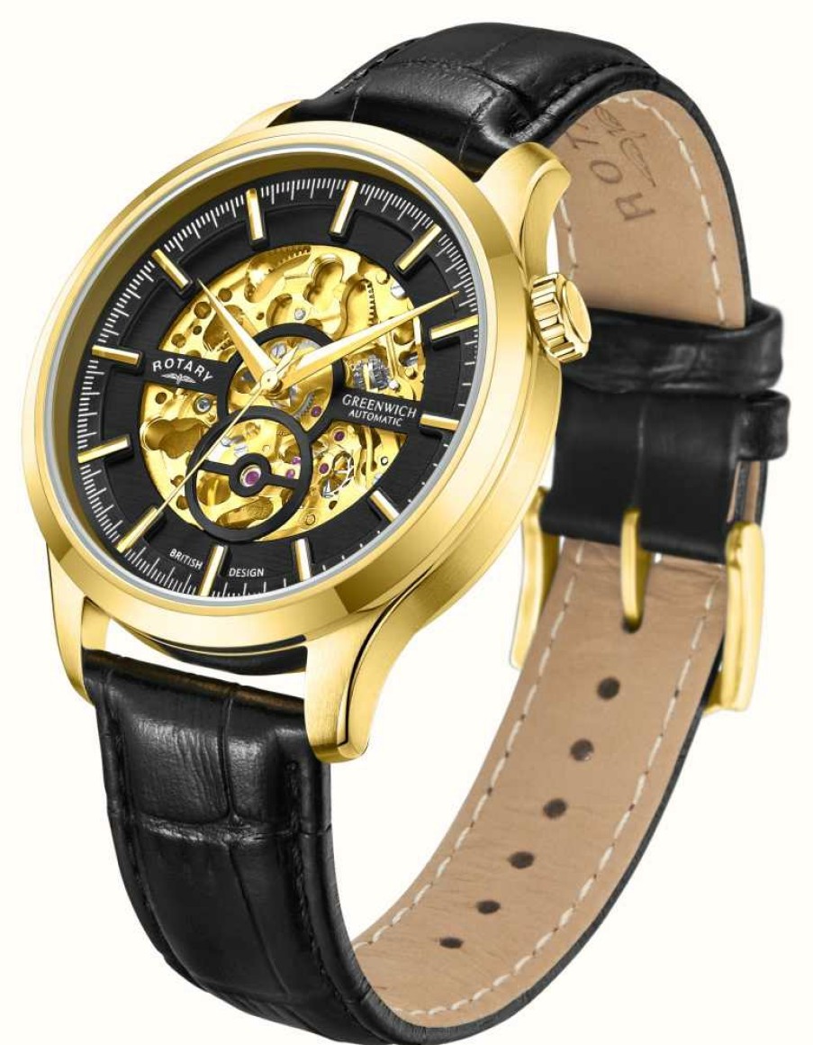 Men'S Rotary | Rotary Greenwich | Gold And Black Skeleton Dial | Black Leather Strap