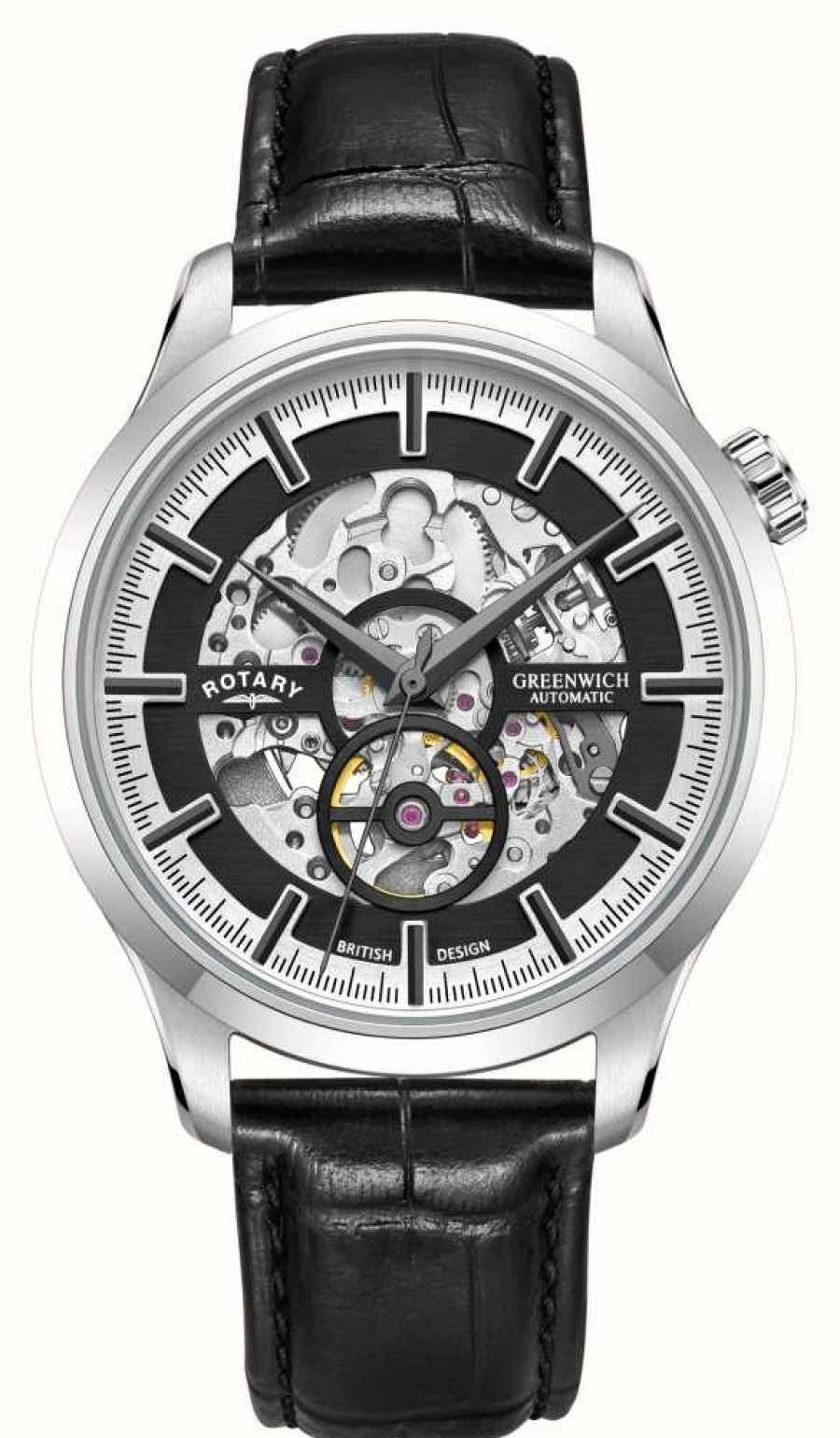 Men'S Rotary | Rotary Greenwich | Black Skeleton Dial | Black Leather Strap