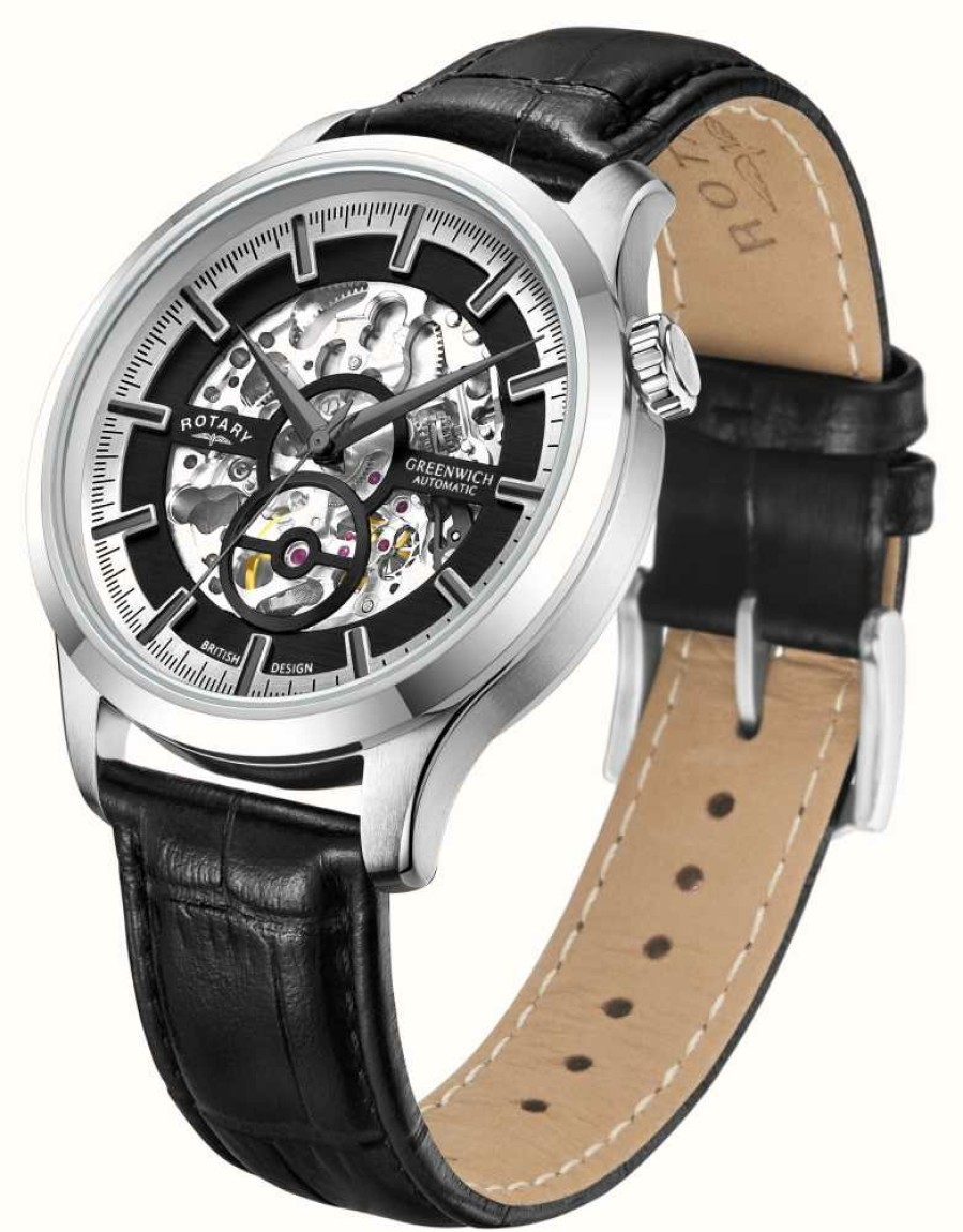 Men'S Rotary | Rotary Greenwich | Black Skeleton Dial | Black Leather Strap