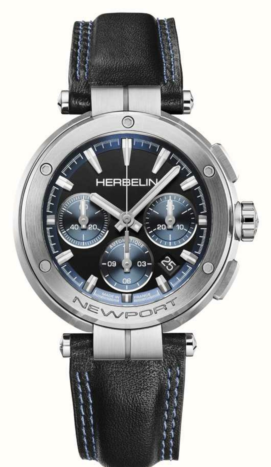 Men'S Herbelin | Herbelin Newport Chronograph Automatic (43.5Mm) Blue Dial / Black Leather Strap