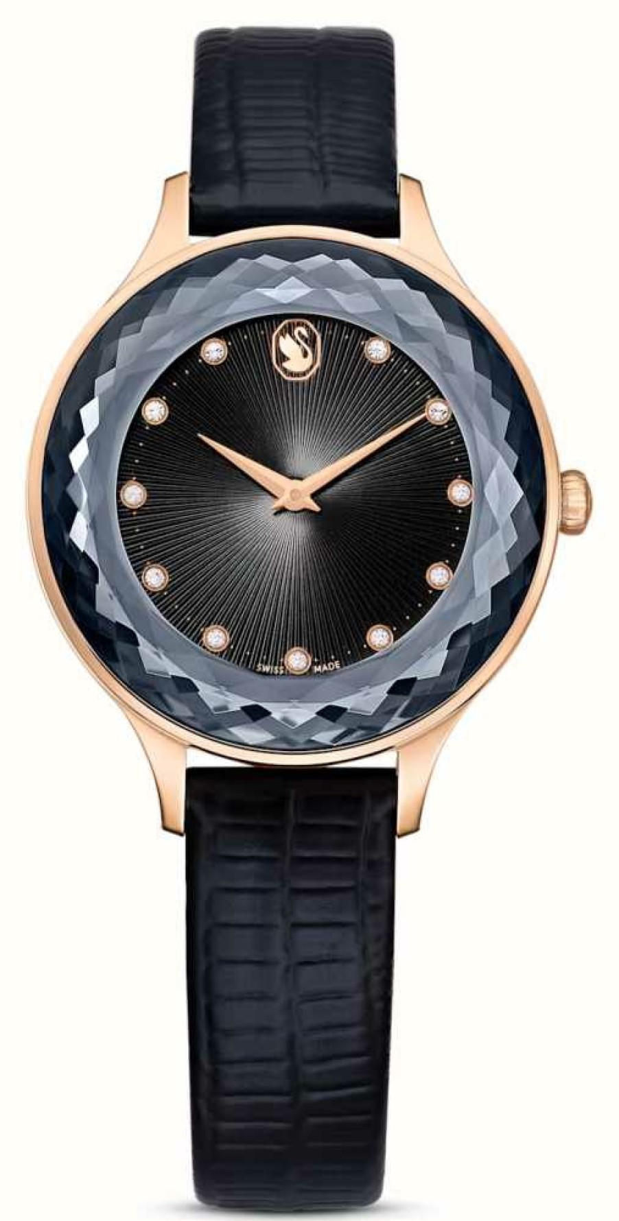 Women'S Swarovski | Swarovski Octea Nova | Black Dial | Black Leather Strap