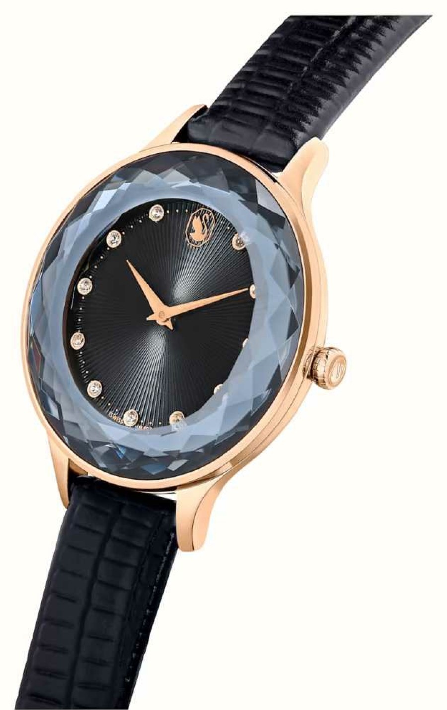 Women'S Swarovski | Swarovski Octea Nova | Black Dial | Black Leather Strap