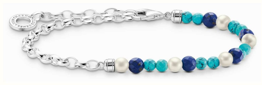 Jewelry Thomas Sabo Jewellery | Thomas Sabo Beaded Bracelet | Sterling Silver | Blue And Pearls | 19Cm