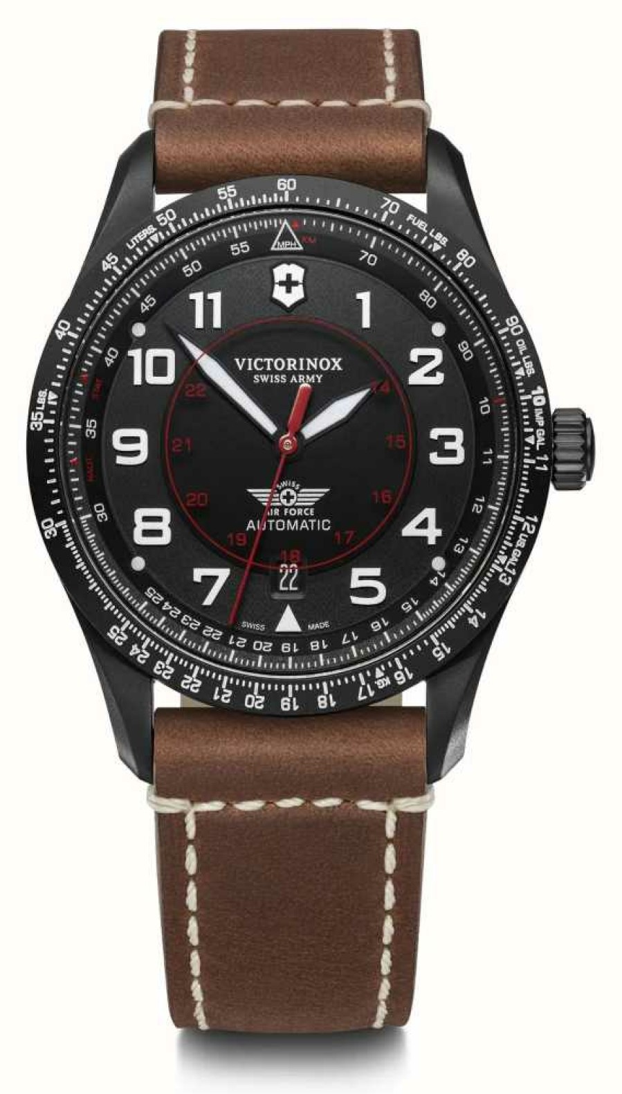 Men'S Victorinox | Victorinox Airboss Mechanical (42Mm) Black Dial / Brown Leather