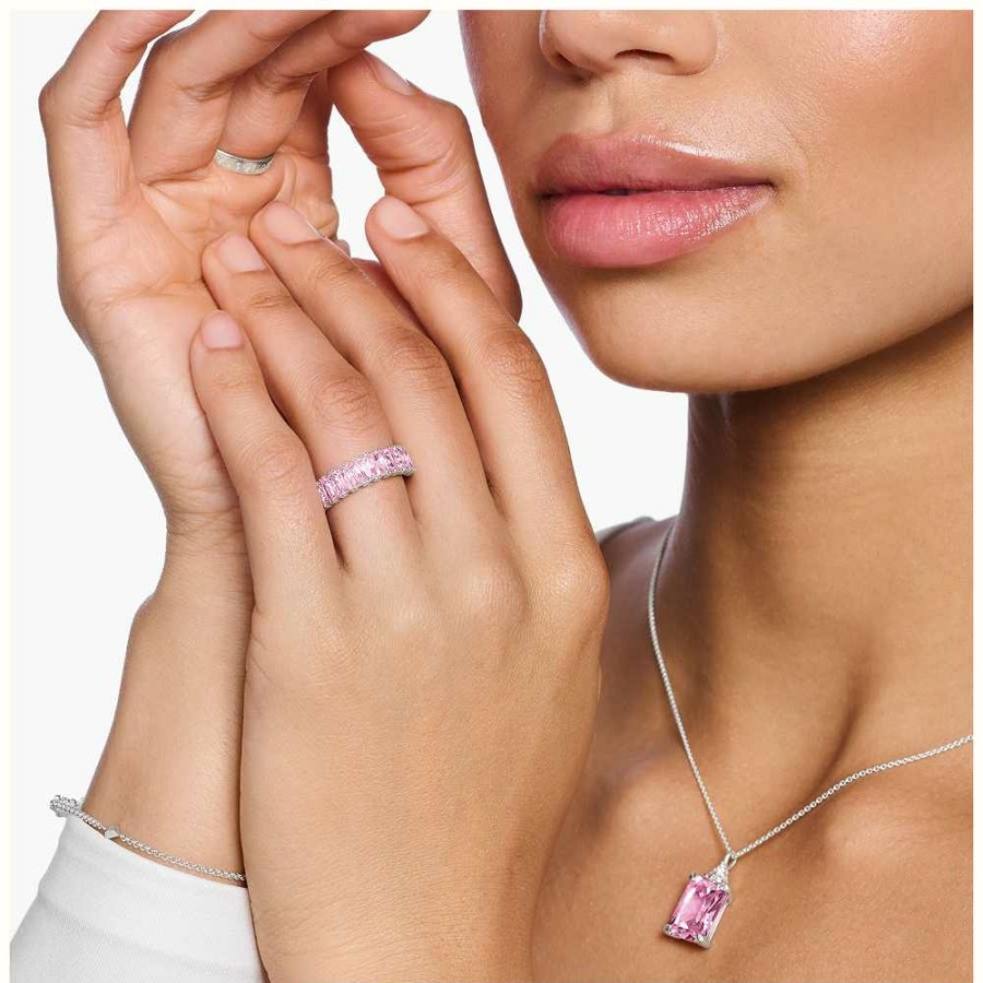 Jewelry Thomas Sabo Jewellery | Thomas Sabo Pink Baguette Pave Ring | Sterling Silver | Pink Cubic Zirconia | Eu 56 Uk P