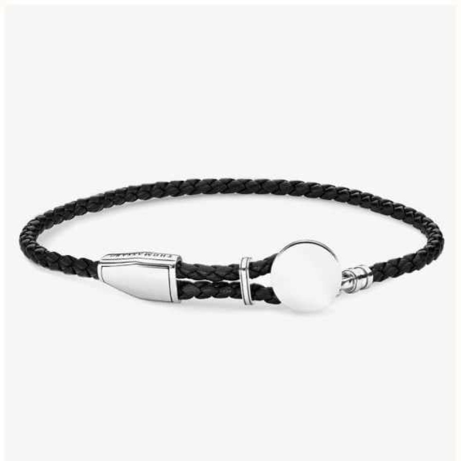 Jewelry Thomas Sabo Jewellery | Thomas Sabo Black Leather Strap Disc Sterling Silver Bracelet