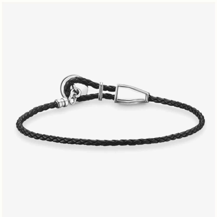 Jewelry Thomas Sabo Jewellery | Thomas Sabo Black Leather Strap Disc Sterling Silver Bracelet