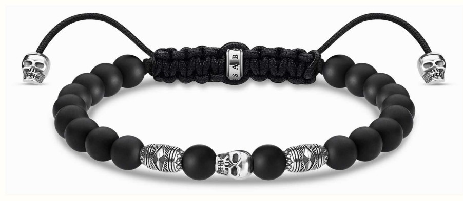 Jewelry Thomas Sabo Jewellery | Thomas Sabo Macrame Style Drawstring Bracelet | Sterling Silver | Obsidian Beads| Skulls