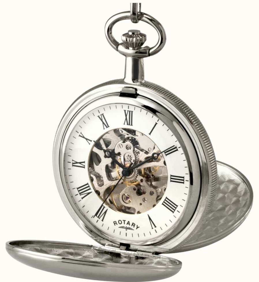 Men'S Rotary | Rotary Gent'S Stainless Steel Skeleton Pocket Watch