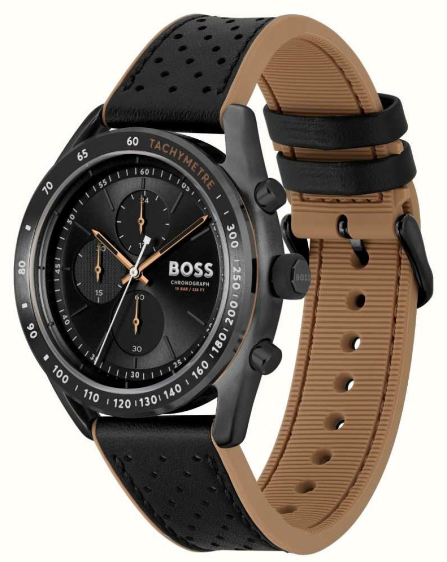 Men'S BOSS | Boss Men'S Centre Court | Black Chronograph Dial | Black Leather Strap