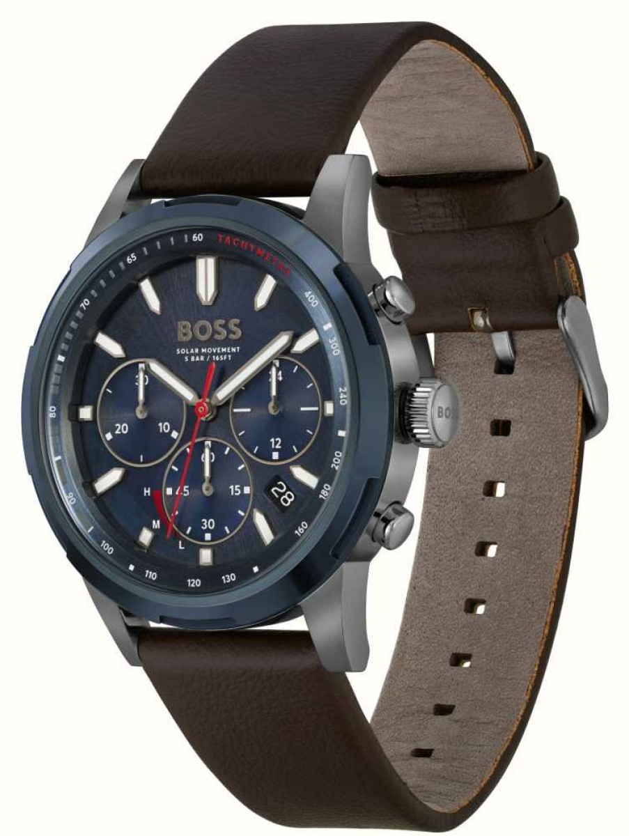 Men'S BOSS | Boss Men'S Solgrade Solar Powered | Blue Chronograph Dial | Brown Leather Strap