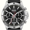 Men'S BOSS | Boss Men'S Troper | Black Chronograph Dial | Black Leather Strap