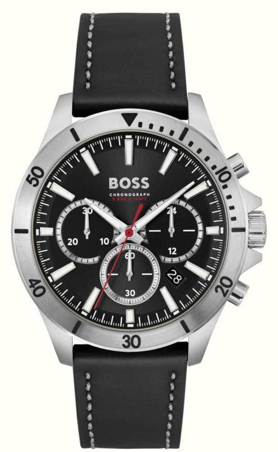 Men'S BOSS | Boss Men'S Troper | Black Chronograph Dial | Black Leather Strap