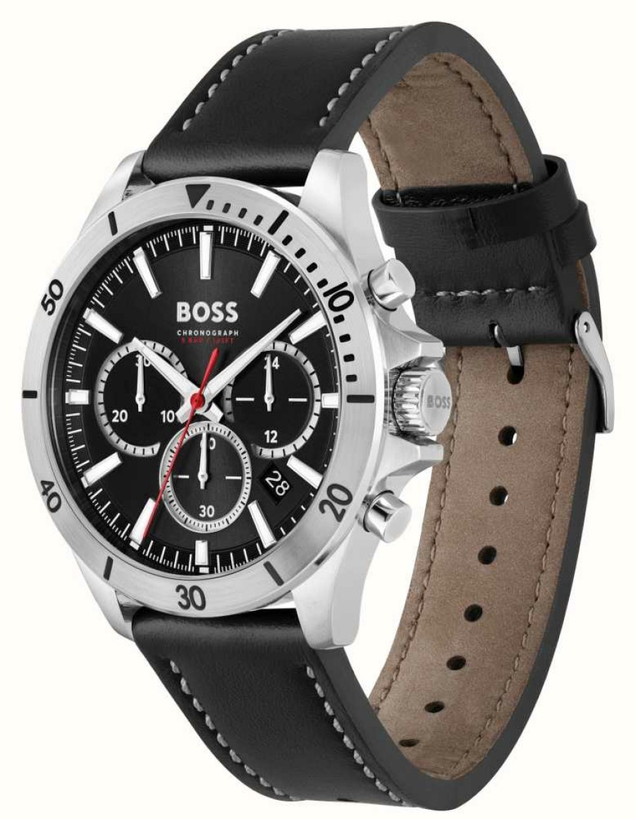 Men'S BOSS | Boss Men'S Troper | Black Chronograph Dial | Black Leather Strap