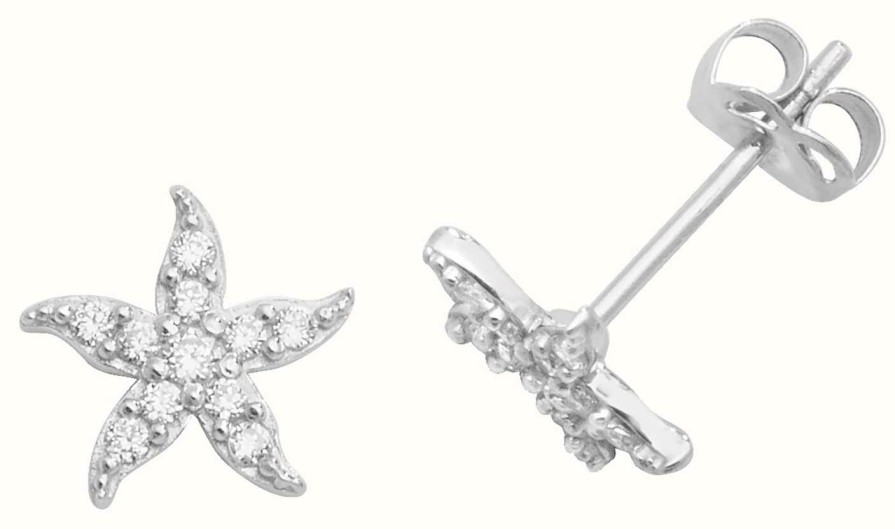 Jewelry James Moore | James Moore Th 9Ct White Gold Cubic Zirconia Starfish Stud Earrings