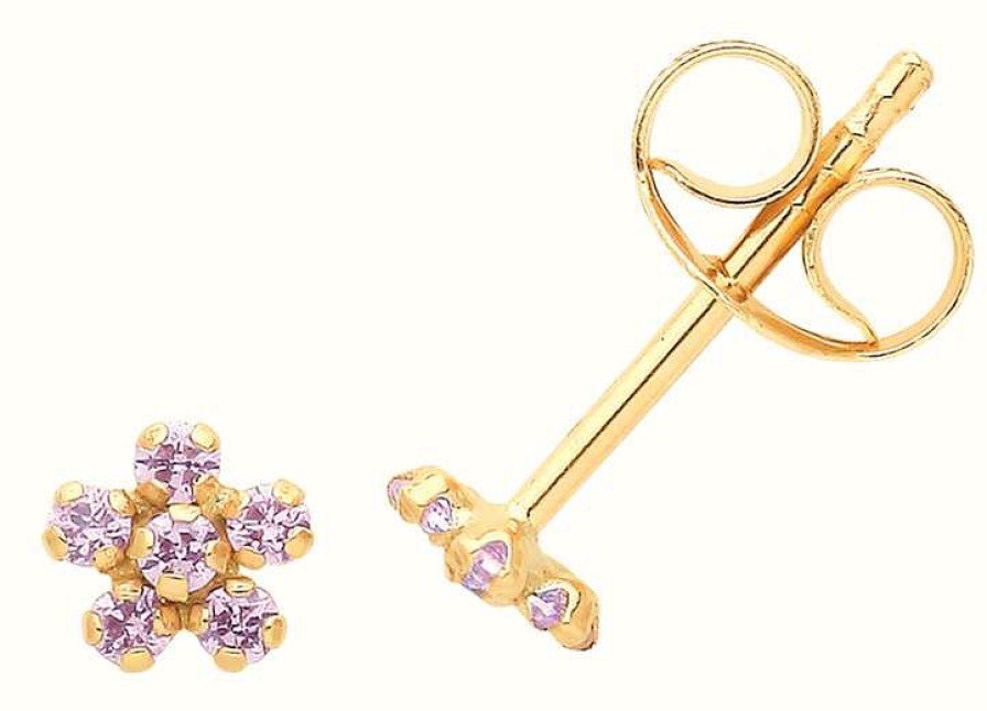 Jewelry James Moore | James Moore Th 9Ct Yellow Gold Pink Cubic Zirconia Mini Flower Stud Earrings