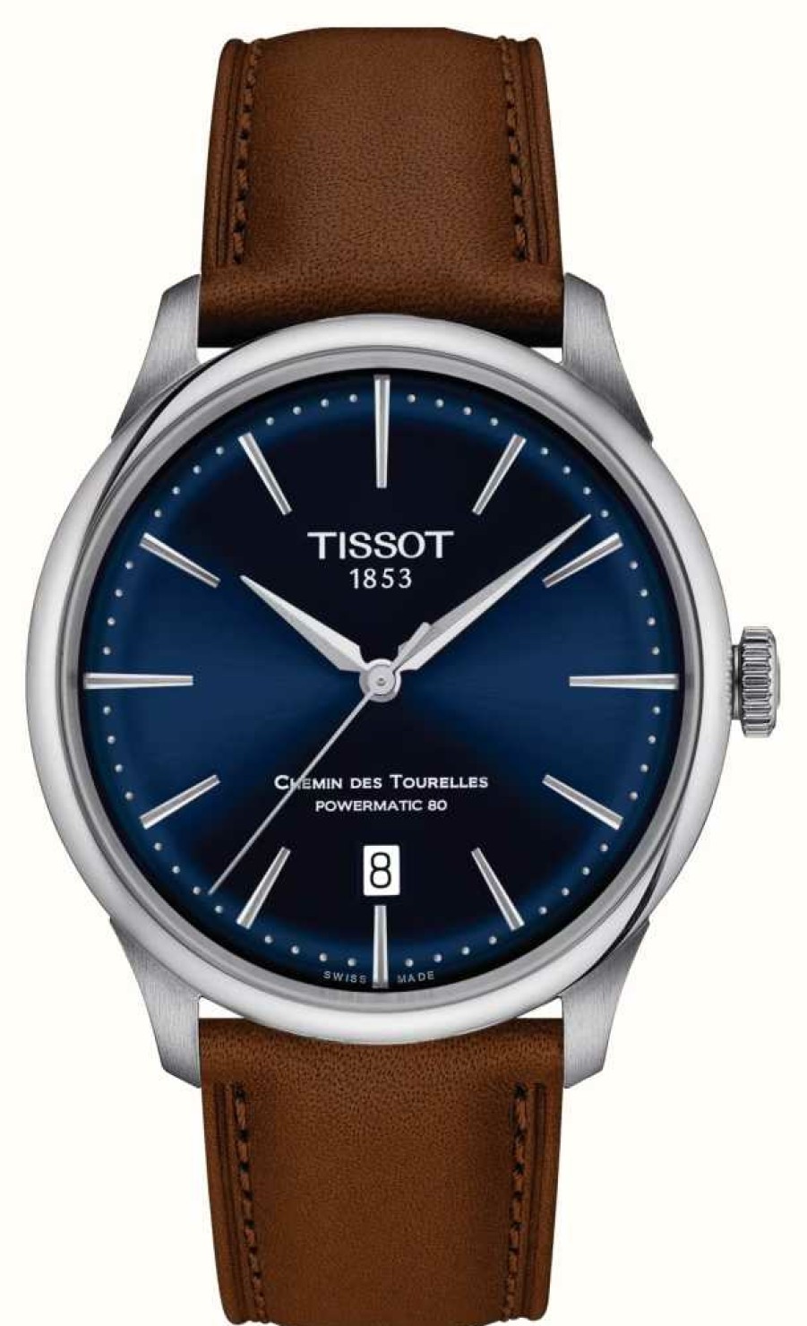 Men'S Tissot | Tissot Chemin Des Tourelles | Powermatic 80 | Blue Dial | Brown Leather Strap