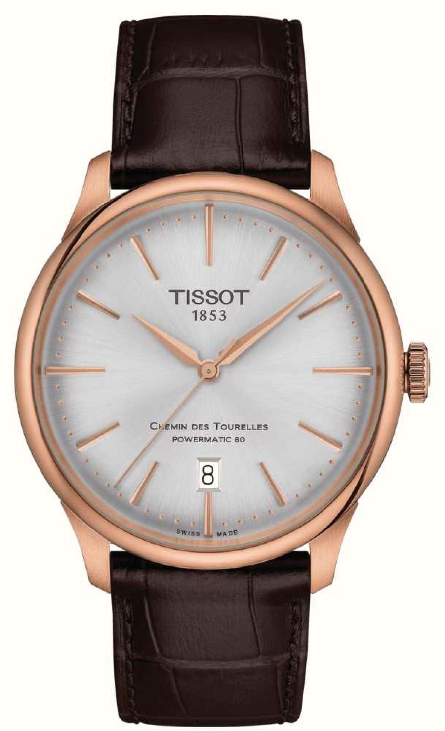 Men'S Tissot | Tissot Chemin Des Tourelles | Powermatic 80 | Silver Dial | Brown Leather Strap