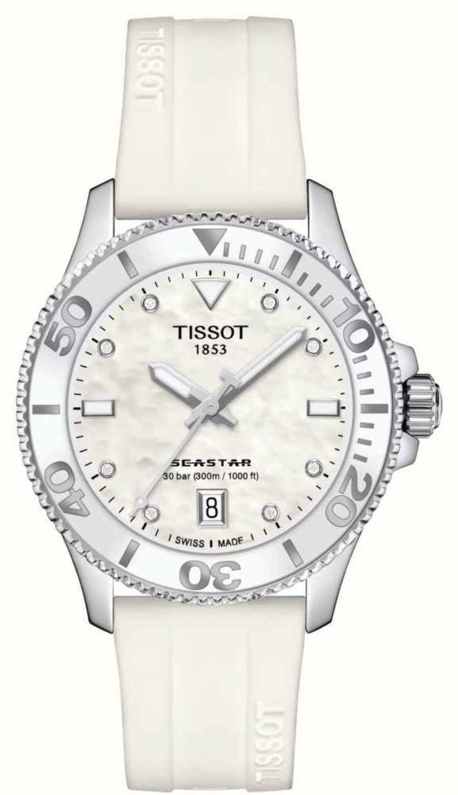 Men'S Tissot | Tissot Seastar 1000 | 36Mm | Mother Of Pearl Dial | White Silicone Strap