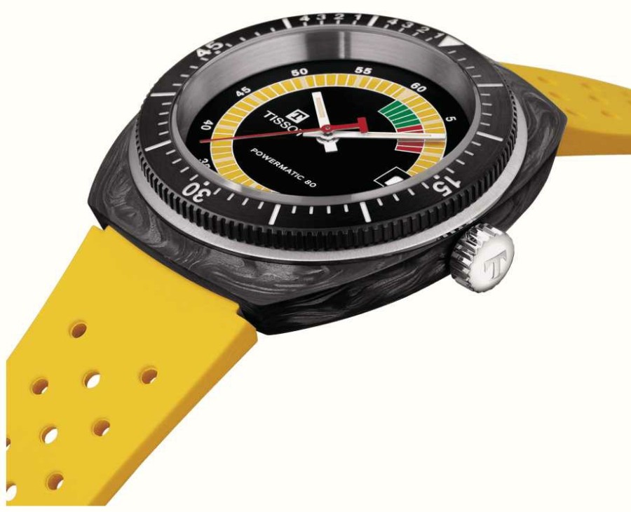 Men'S Tissot | Tissot Sideral S Powermatic 80 (41Mm) Black Dial / Yellow Rubber Strap