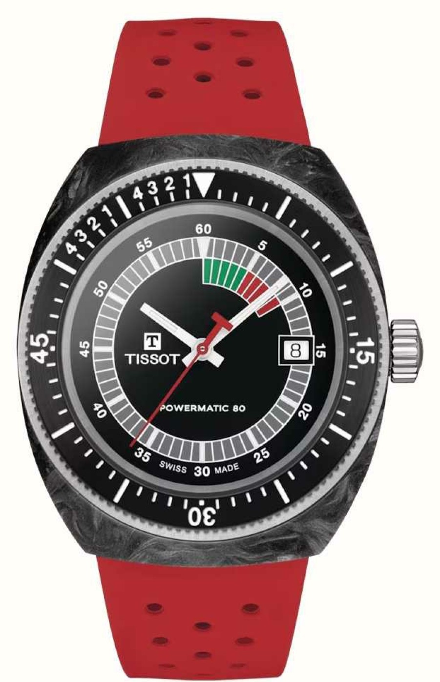 Men'S Tissot | Tissot Sideral S Powermatic 80 (41Mm) Black Dial / Red Rubber Strap