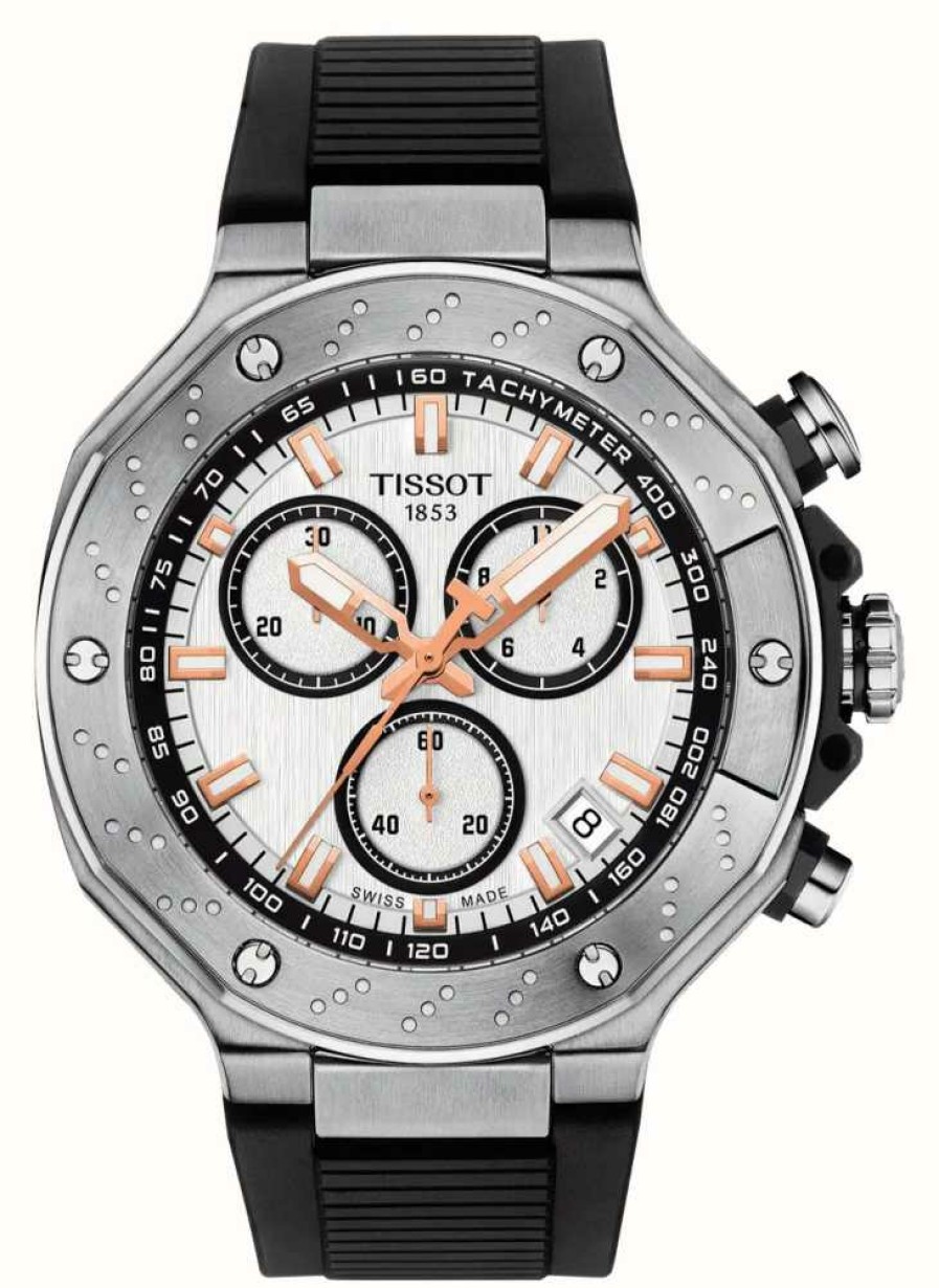 Men'S Tissot | Tissot T-Race Chronograph | White Chrono Dial | Black Silicone Strap