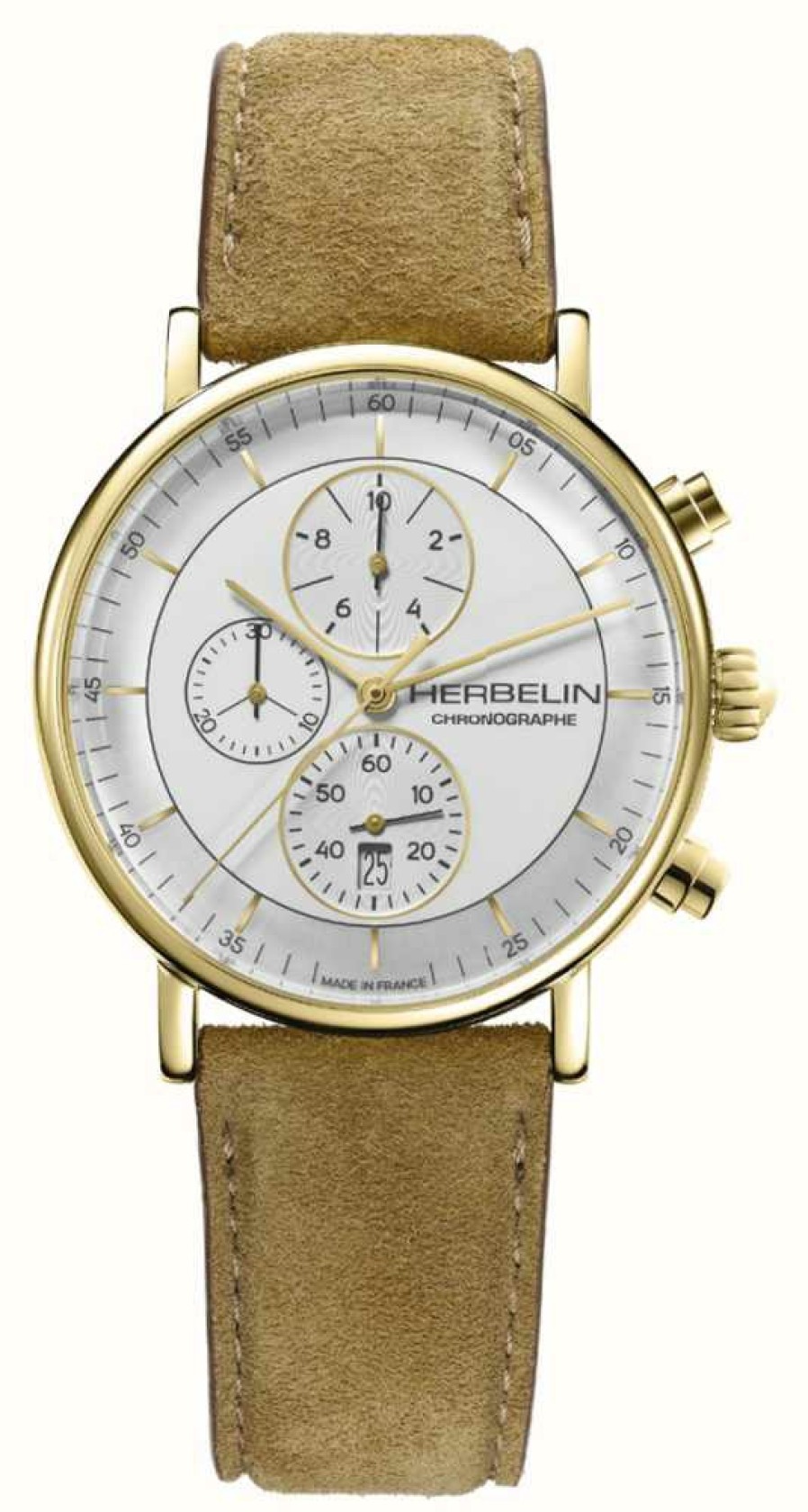 Men'S Herbelin | Herbelin Men'S Inspiration | White Chronograph Dial | Brown Suede Leather Strap