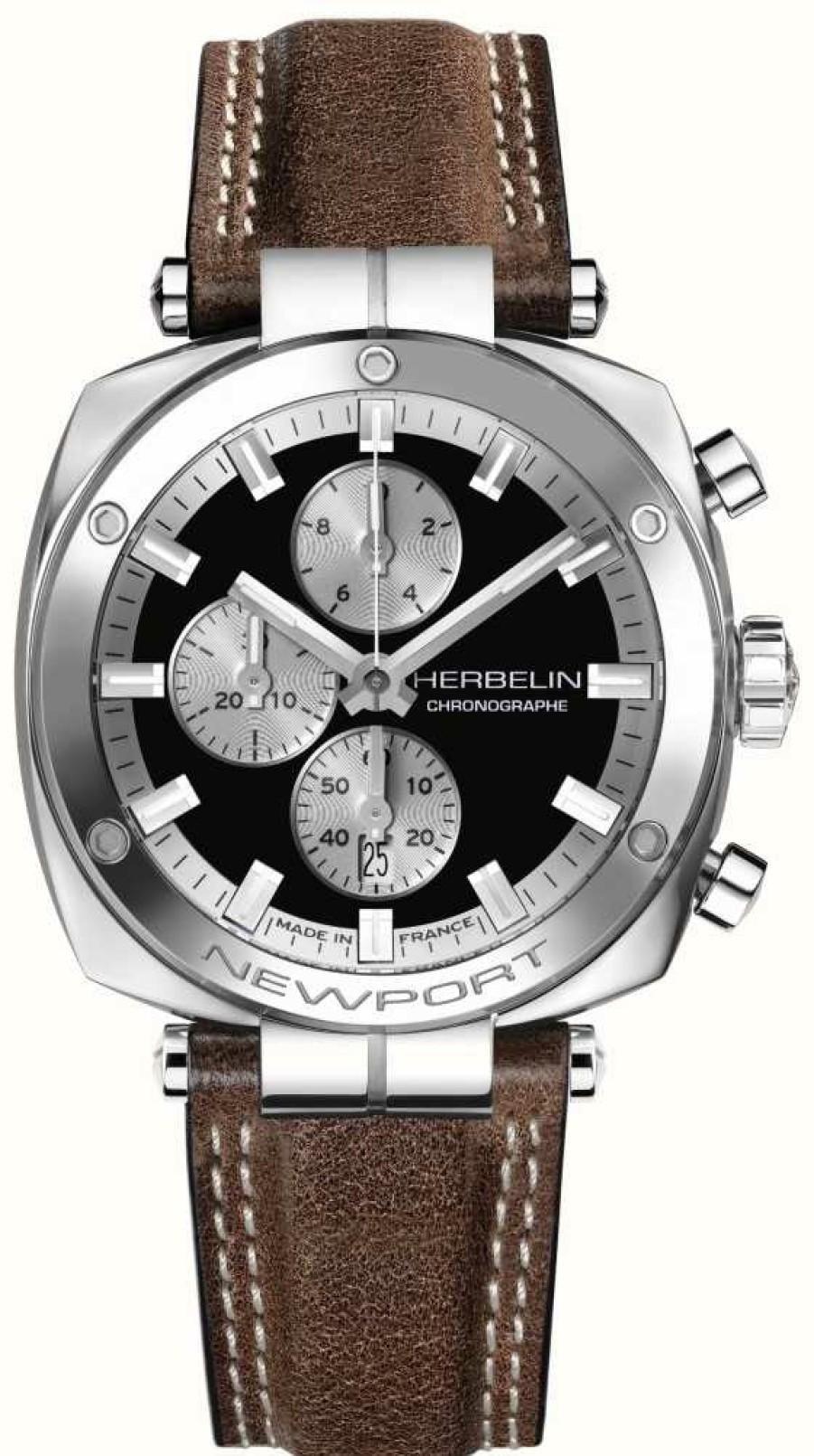 Men'S Herbelin | Herbelin Newport Heritage Chronograph (42Mm) Black Dial / Brown Leather