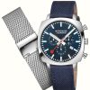 Men'S Mondaine | Mondaine Sbb Grand Cushion Chronograph (41Mm) Blue Dial / Blue Textile Steel Mesh Set