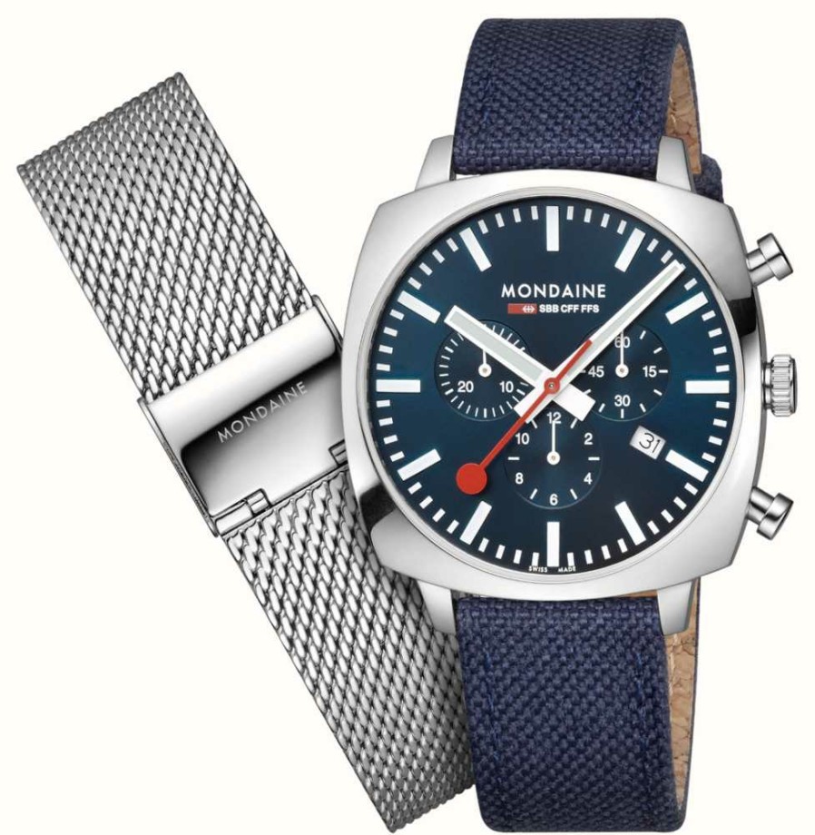 Men'S Mondaine | Mondaine Sbb Grand Cushion Chronograph (41Mm) Blue Dial / Blue Textile Steel Mesh Set