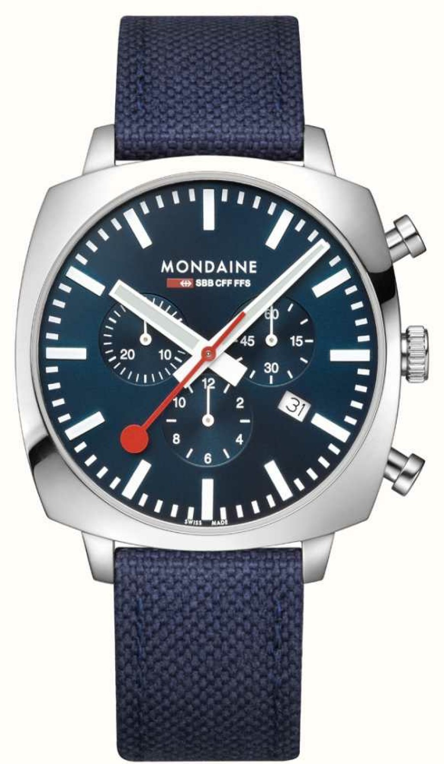 Men'S Mondaine | Mondaine Sbb Grand Cushion Chronograph (41Mm) Blue Dial / Blue Textile Steel Mesh Set