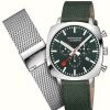 Men'S Mondaine | Mondaine Sbb Grand Cushion Chronograph (41Mm) Green Dial / Green Recycled Textile And Steel Mesh Set