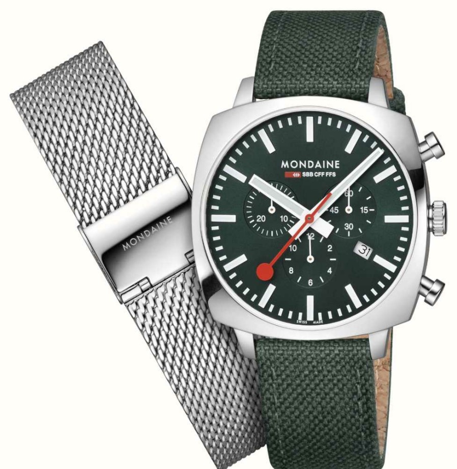 Men'S Mondaine | Mondaine Sbb Grand Cushion Chronograph (41Mm) Green Dial / Green Recycled Textile And Steel Mesh Set