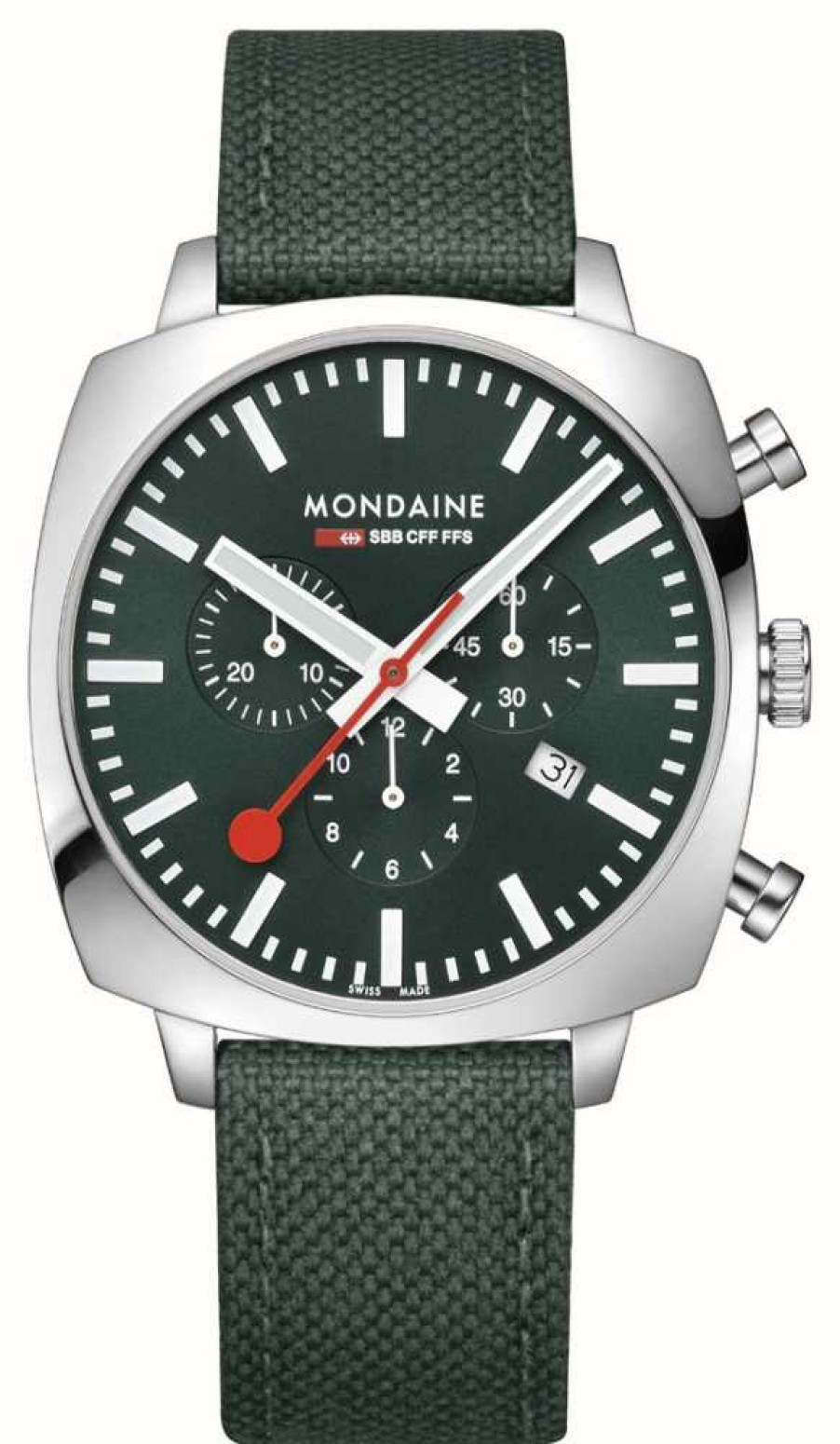 Men'S Mondaine | Mondaine Sbb Grand Cushion Chronograph (41Mm) Green Dial / Green Recycled Textile And Steel Mesh Set